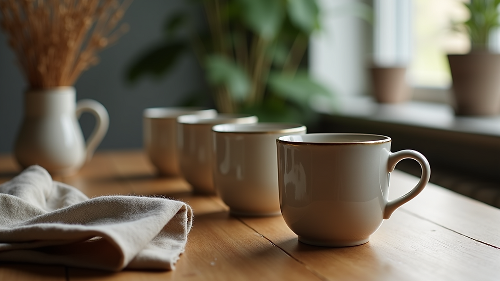 Close-up view of handmade ceramic mugs on a wooden table