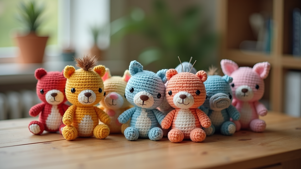 Close-up view of colorful crochet amigurumi animals on a wooden table