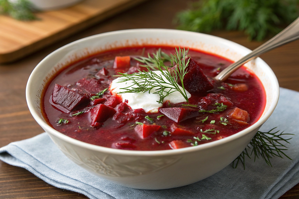 Classic Eastern European soup made from beets, giving it a rich red color and earthy-sweet flavor.