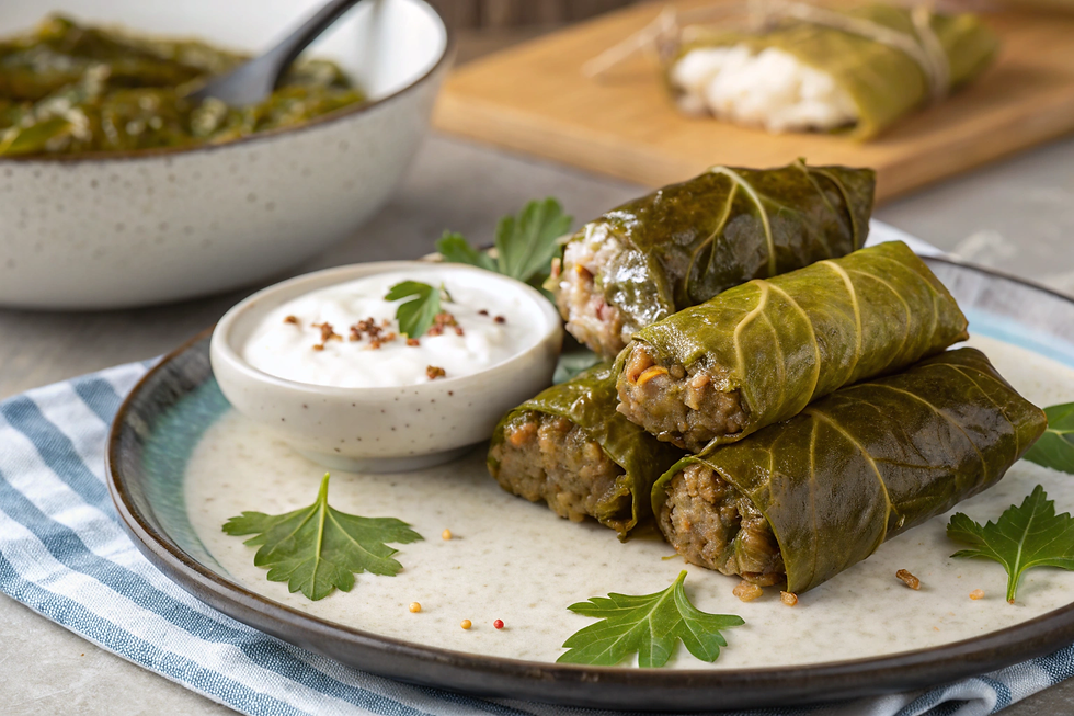 Cabbage leaves stuffed with minced meat and rice, slow-cooked and commonly served for lunch.