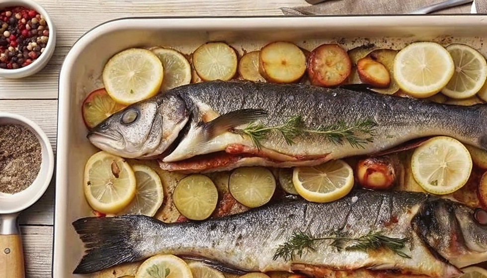 Oven-baked sea bass with fresh herbs, garlic, and olive oil.