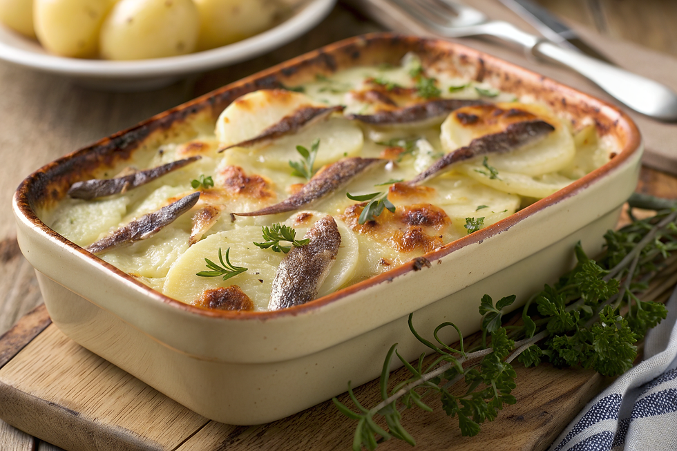 Baked potato and anchovy casserole with cream and onions.