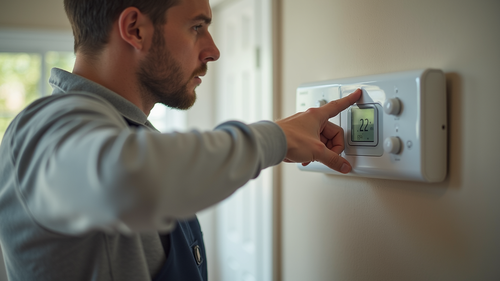 Close-up view of a technician adjusting a thermostat on a wall in a residential home