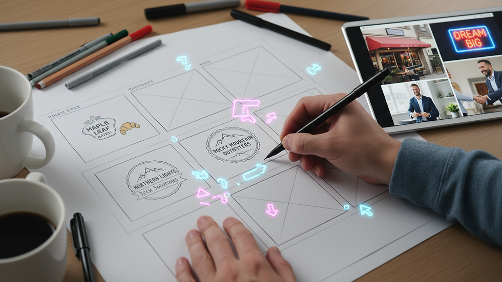 Close-up view of a designer sketching website layout on paper