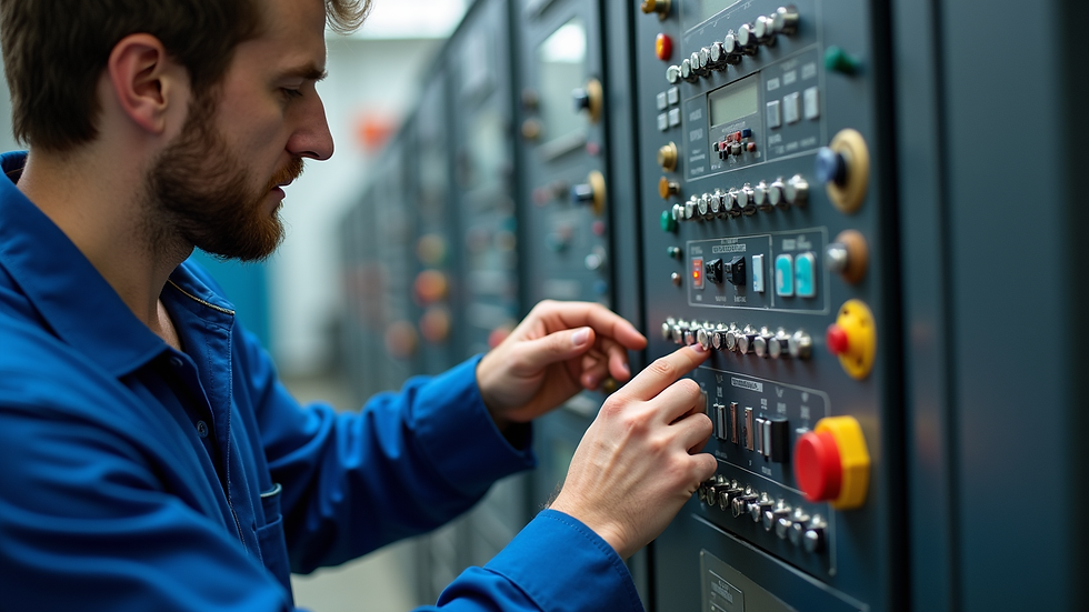 Close-up view of a technician inspecting a furnace control panel