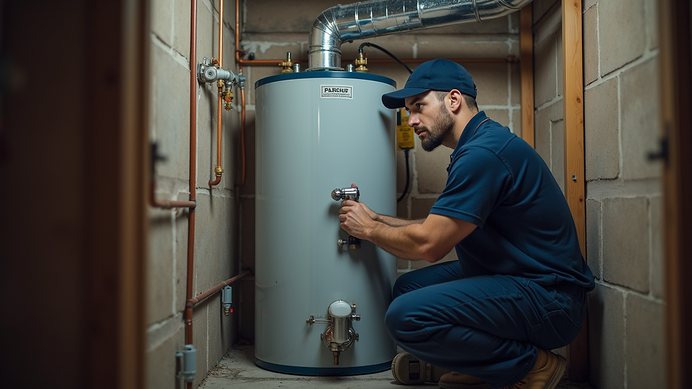 Eye-level view of a plumber inspecting a water heater in a basement
