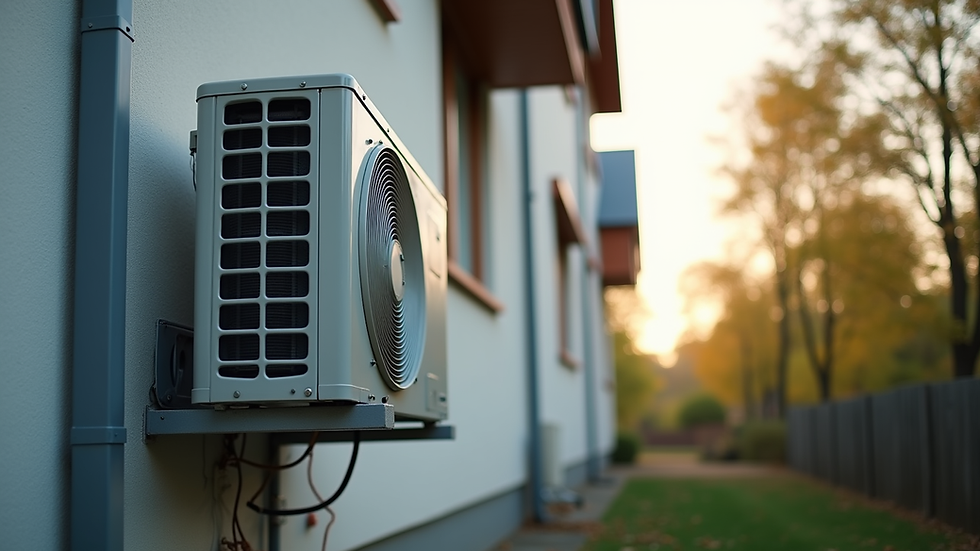 Close-up view of an air conditioning unit installed outside a residential building