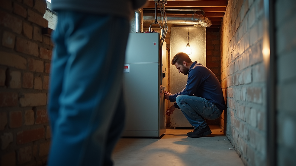 Eye-level view of a technician inspecting a furnace in a residential basement