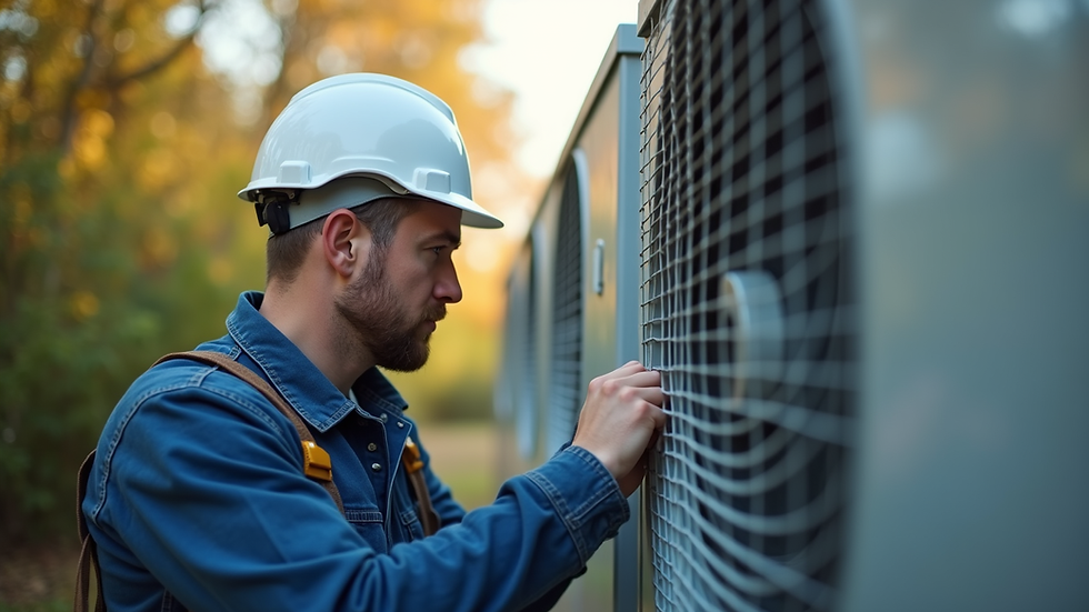 Close-up view of a technician inspecting a heat pump unit outdoors