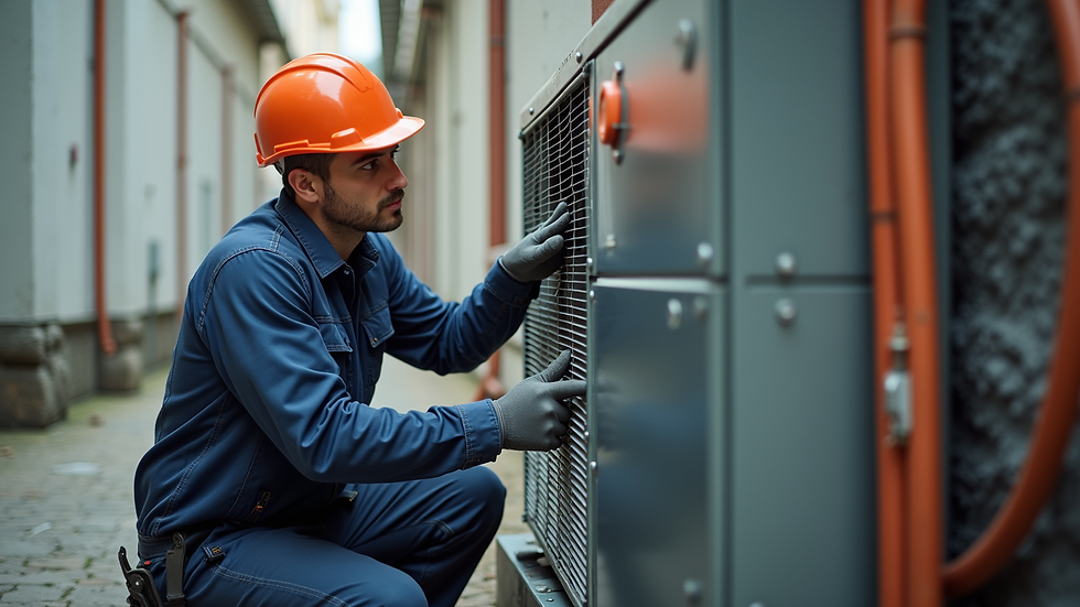High angle view of a technician installing a new HVAC system outdoors