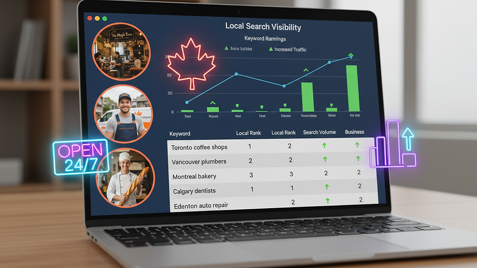 Close-up view of a laptop screen showing local SEO analytics and keyword rankings