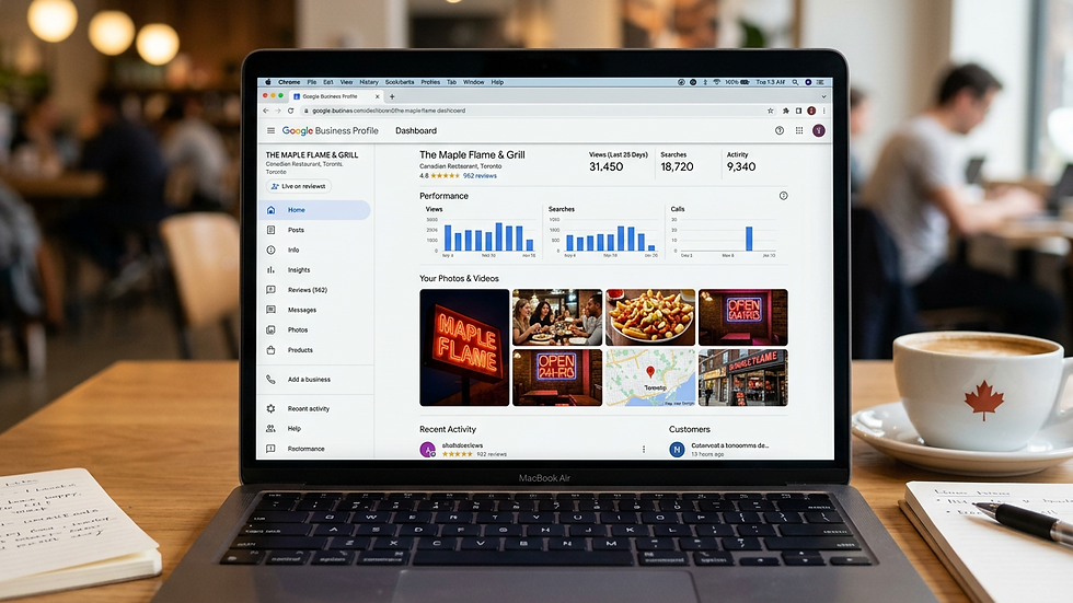 Close-up view of a laptop screen showing a Google My Business dashboard
