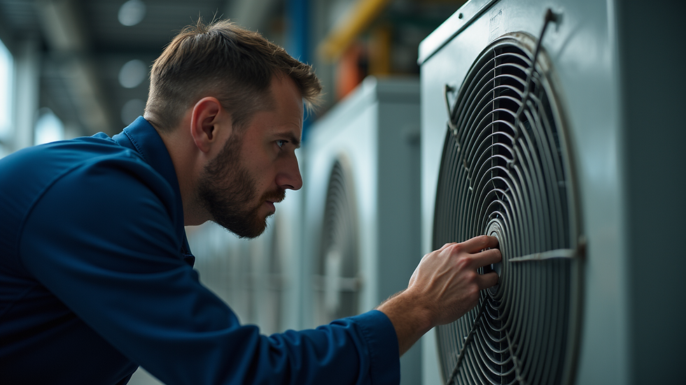 Close-up view of a technician inspecting an air conditioner compressor