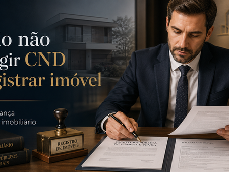 Advogado imobiliário analisando documentos de compra e venda de imóvel, registro imobiliário, CND, exigência cartorária e decisão do CNJ contra sanção política tributária.