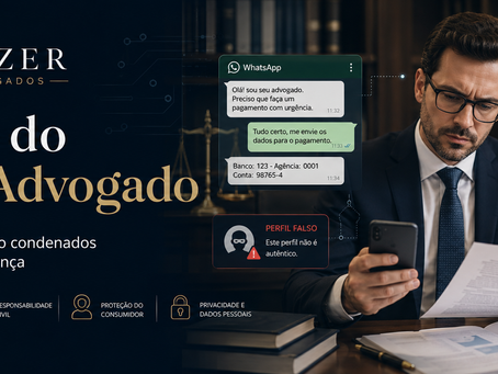 Advogado analisando documentos sobre golpe do falso advogado, perfis falsos no WhatsApp, uso indevido de imagem profissional e responsabilidade civil de plataformas digitais.