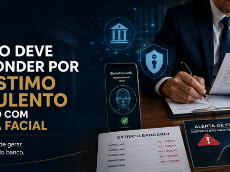 Advogado do consumidor analisando contrato de empréstimo digital, biometria facial, fraude bancária, descontos indevidos e responsabilidade civil do banco.
