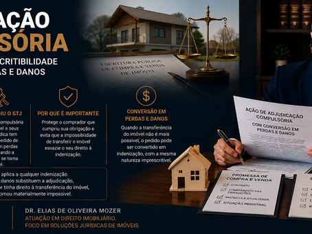 Advogado imobiliário analisando contrato de promessa de compra e venda, documentos de imóvel e pedido de adjudicação compulsória com conversão em perdas e danos.