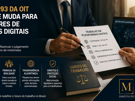 Advogado trabalhista analisando contratos de plataformas digitais, dados algorítmicos e documentos sobre vínculo empregatício de motoristas e entregadores de aplicativos.