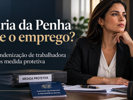 Advogado trabalhista analisando documentos de medida protetiva, contrato de trabalho e dispensa de trabalhadora em situação de violência doméstica.
