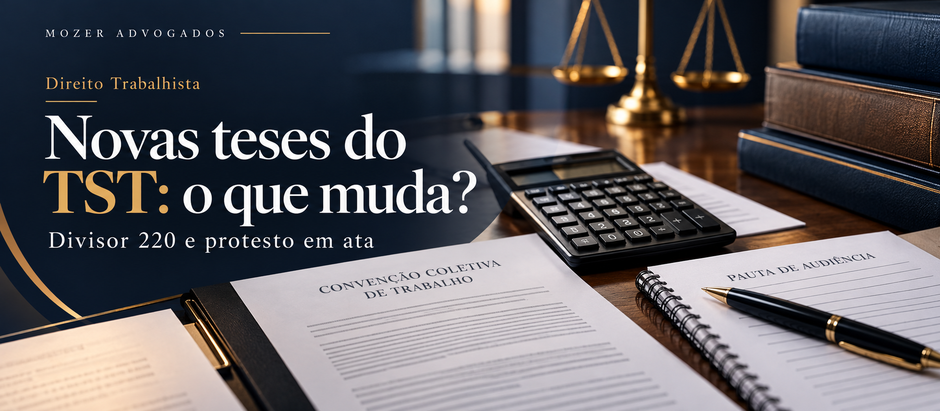 Calculadora, convenção coletiva e anotações de audiência sobre uma mesa.