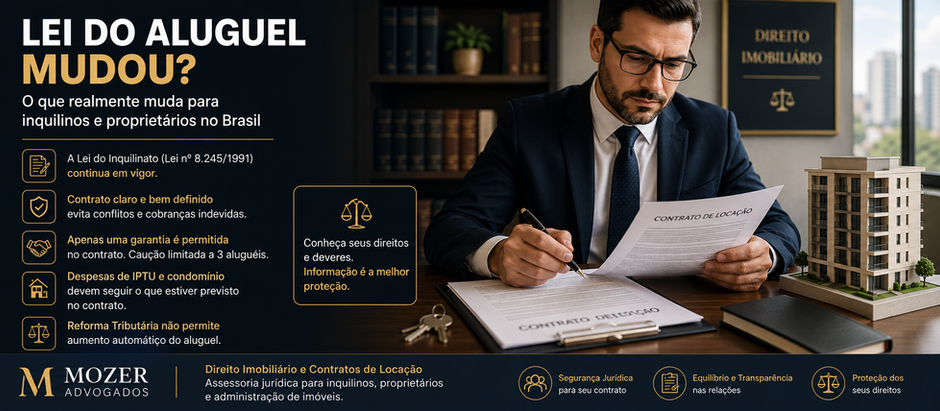 Advogado imobiliário analisando contrato de aluguel, documentos de locação, modelo de edifício residencial e regras da Lei do Inquilinato.