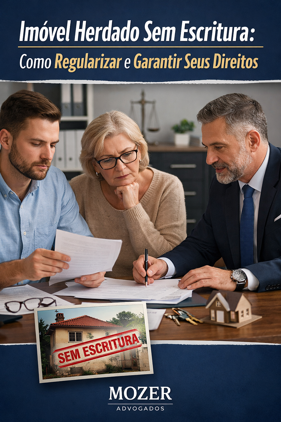 Advogado orientando herdeiros sobre imóvel herdado sem escritura, explicando como regularizar a propriedade por meio de inventário e usucapião.