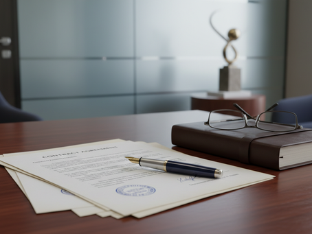 Advogado empresarial analisando contratos, documentos societários e relatórios de gestão para consultoria jurídica estratégica voltada a pequenas empresas.