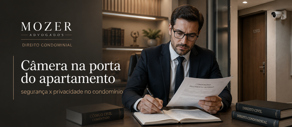 Advogado imobiliário analisando regras de condomínio, câmera de segurança instalada em corredor de apartamento e documentos sobre privacidade dos moradores.