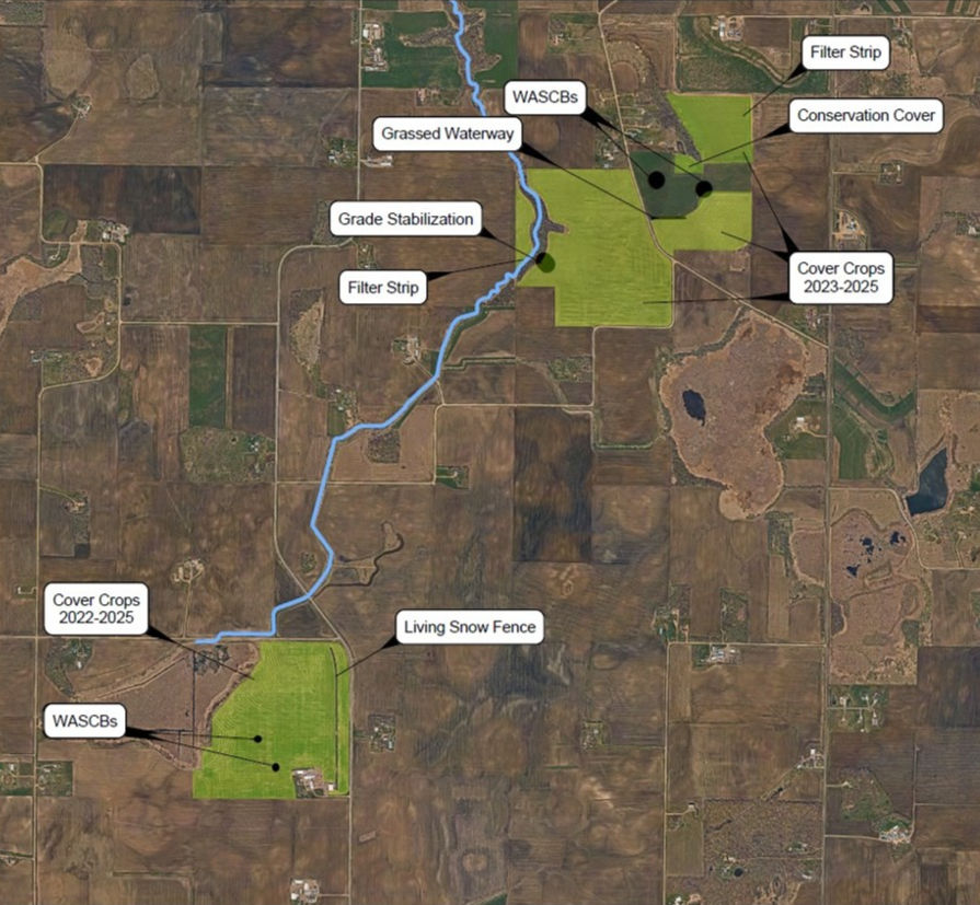 An aerial map showcasing the conservation projects implemented by the Oldenburg and Brabec Operation
