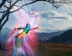 Yoga meditation outdoors. Glowing seven all chakra. Woman sits in a Upward Salute Lotus po