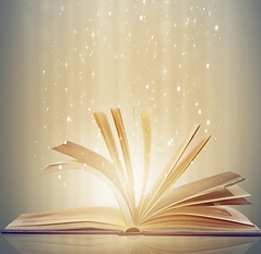 Magic, glowing pages and story with book, glitter and literature on a grey studio backgrou