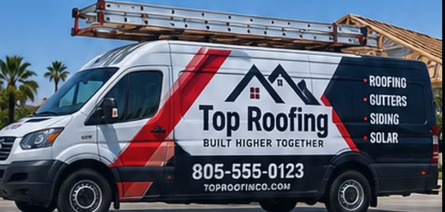 Commercial roofing company van with custom vehicle wrap