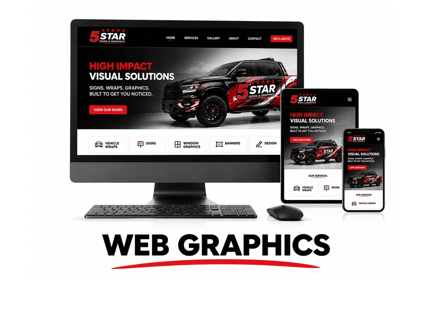 Responsive business website graphics shown on desktop and mobile