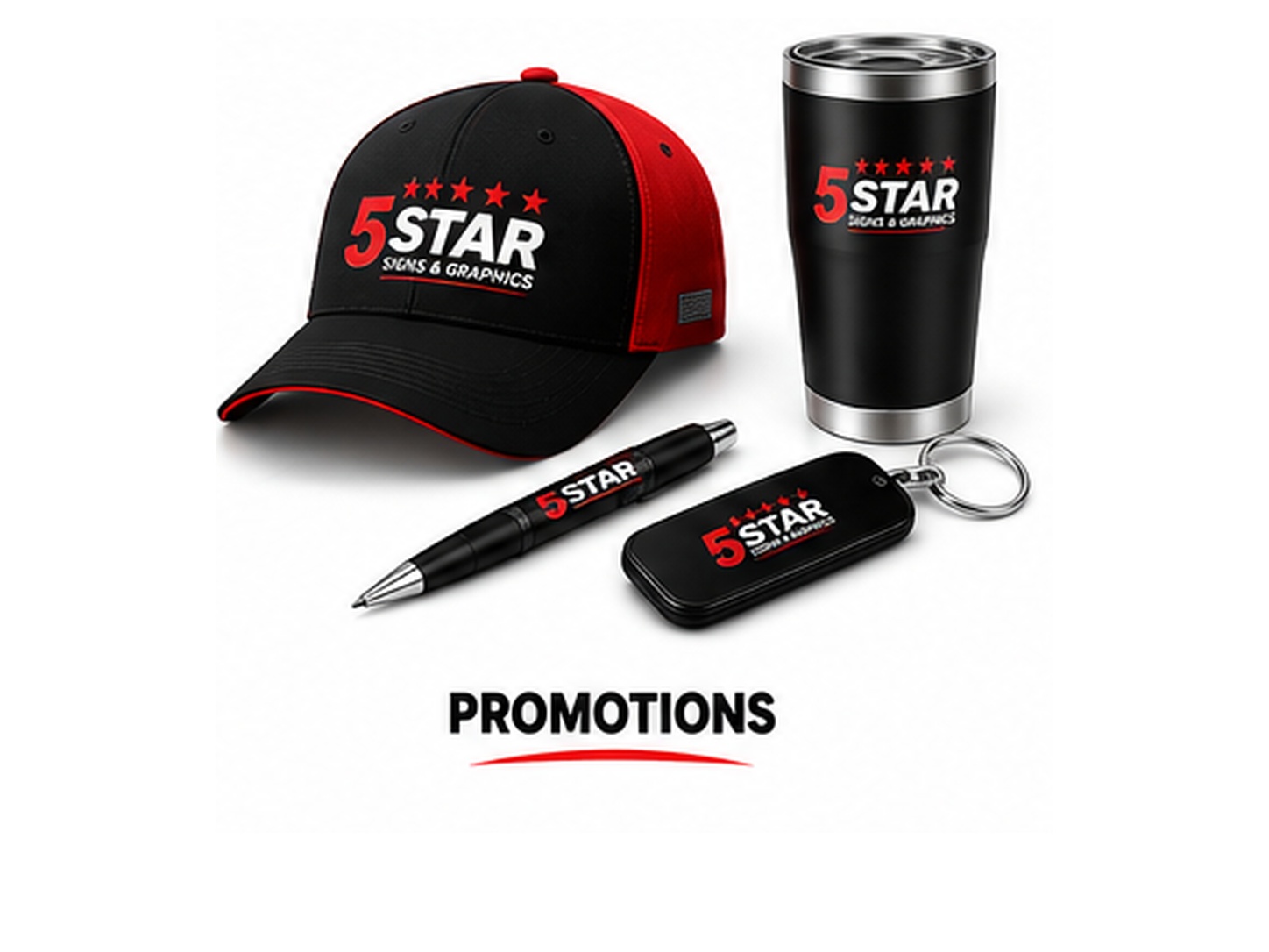 Custom branded promotional products including hat tumbler pen and keychain