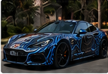 Custom blue graphic vehicle wrap on sports car