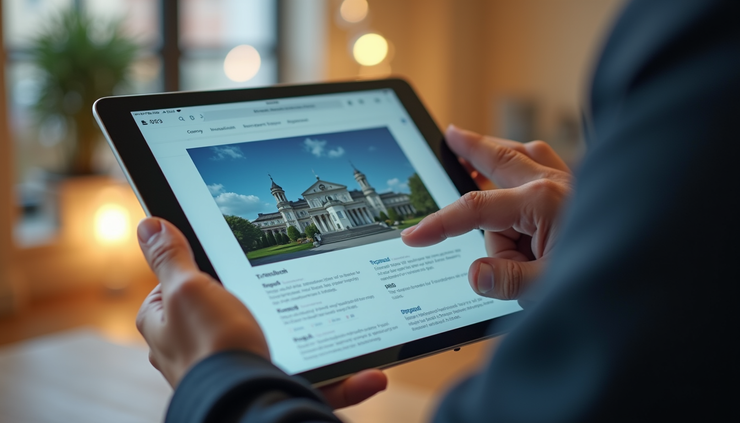 Vista aérea de um usuário navegando em um site institucional em tablet, com interface limpa e intuitiva