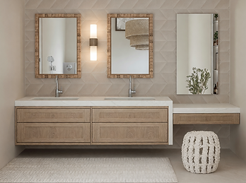 Luxury bathroom design with double vanity and warm natural materials