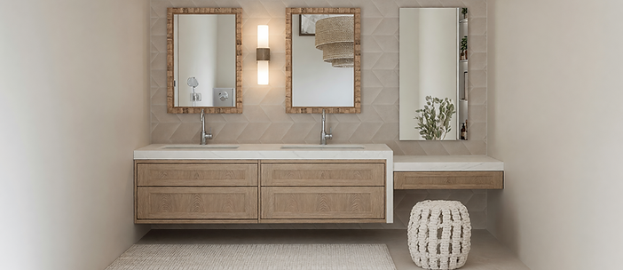 Modern bathroom interior design with warm wood vanity and soft neutral tones