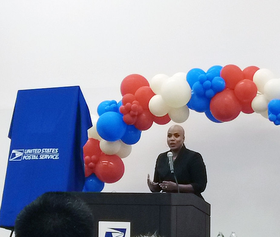 IN TIME: U.S. Rep. Ayanna Pressley at a ceremony for the Caroline Chang Post Office. Photo by Annie Lee