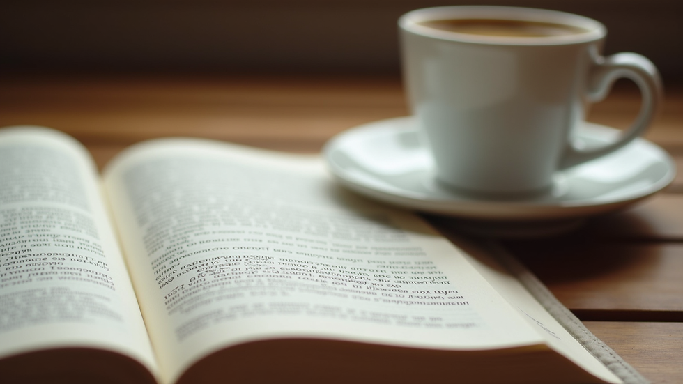 Close-up view of an open book with highlighted text and a cup of coffee