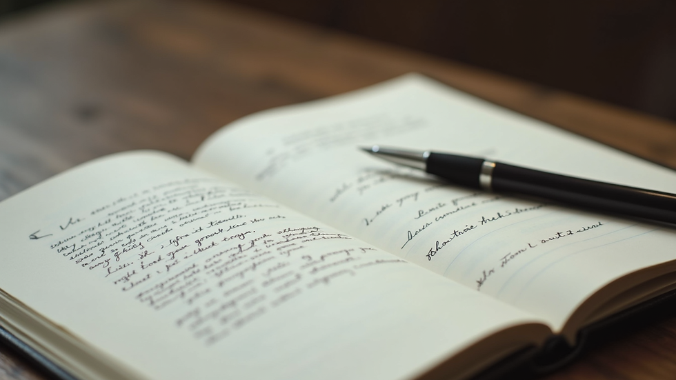 Close-up view of a notebook with handwritten poetry and a pen