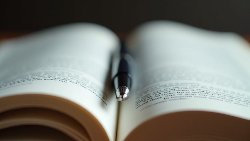Close-up view of an open book with a pen resting on its pages