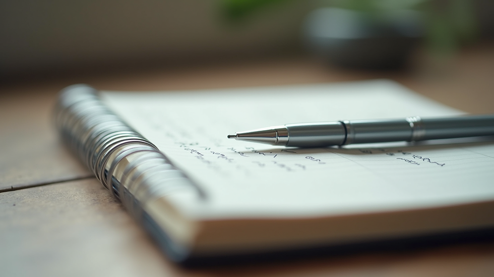 Close-up view of a notebook with handwritten notes and a pen