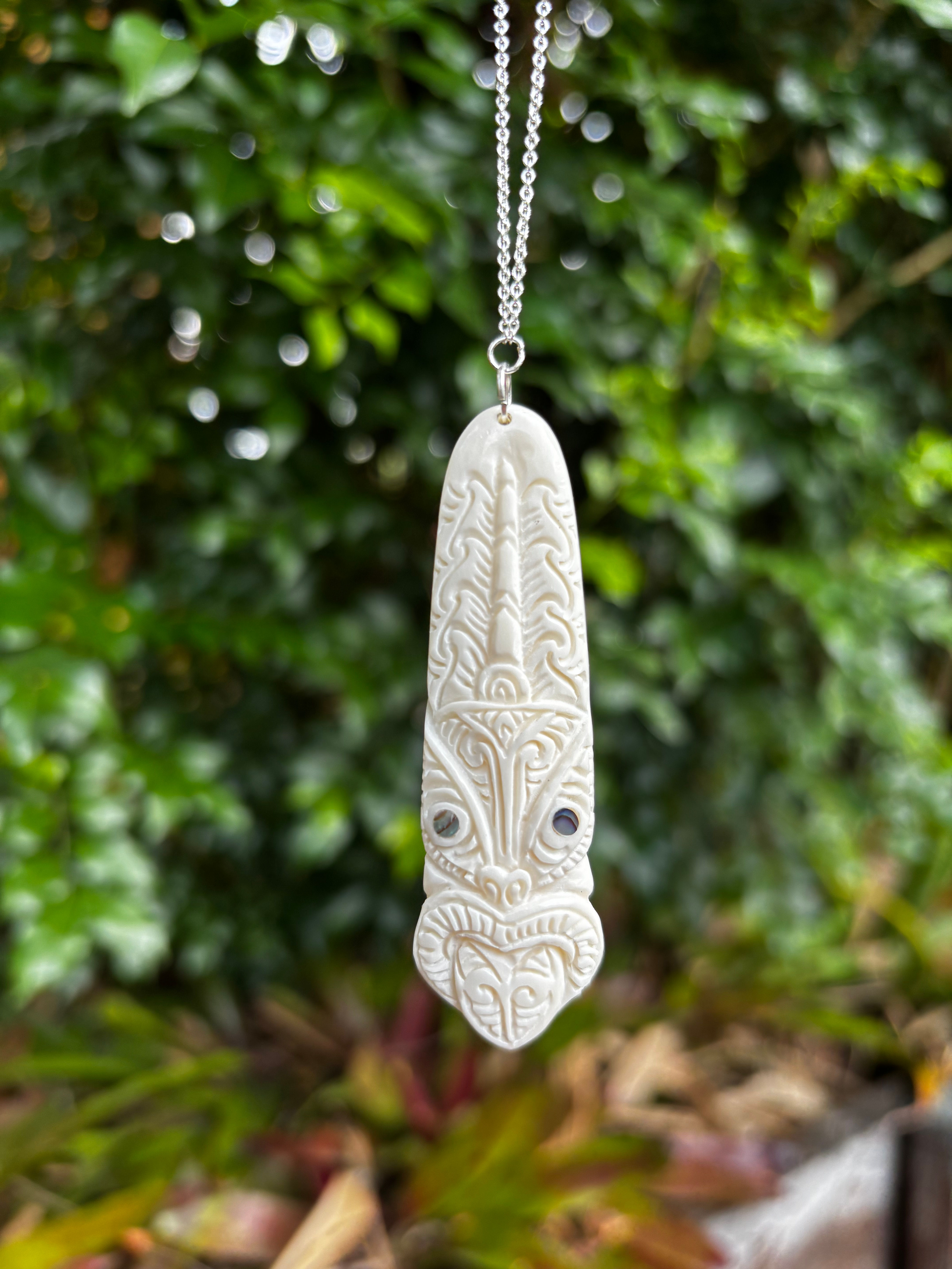 Tiki Wheku Bone Pendant Necklace – Pāua Shell Inlay