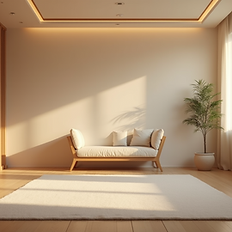 Cozy room with sofa, rug and plant, Reiki Therapy Session, warm sunlight