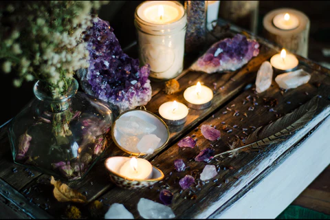 Altar with different crystals and candles