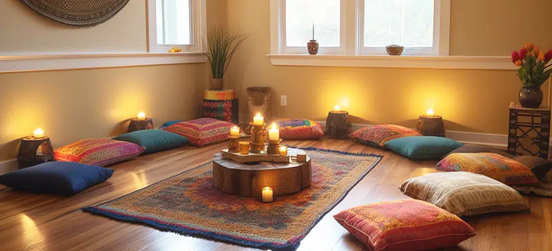 Meditation pillars circling a rug and candles