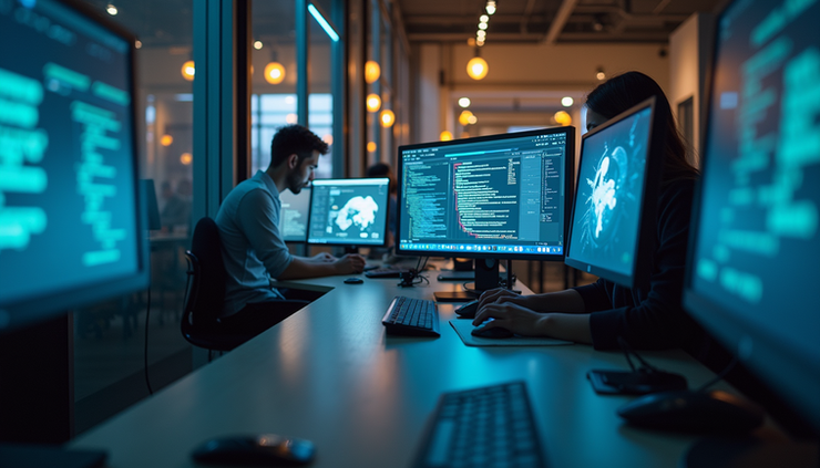 Eye-level view of a modern workspace with AI-powered devices and coding screens