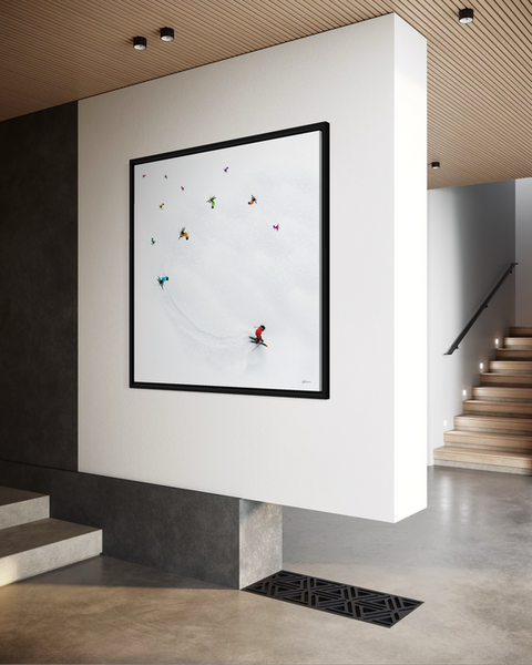 Limited edition ski art inspired by Whistler winter joy. Modern white pop-style ski artwork with black float frame for luxury chalets and mountain homes.