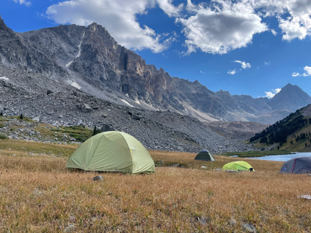 Green and grey tents in a meadows at an alpine lake in front of a rugged 12,000 ft peak.